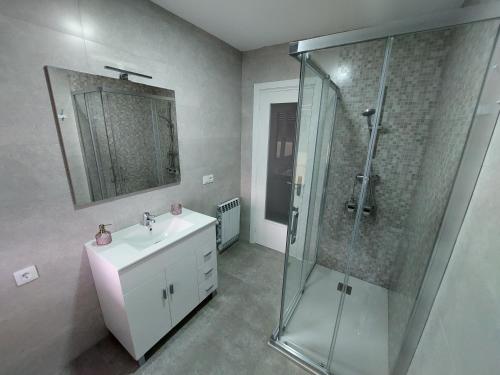 Un baño con lavabo y ducha de cristal. en Acea Nova 3, en Monforte de Lemos
