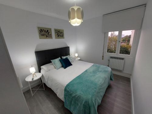 Un dormitorio con una cama grande con almohadas azules. en Acea Nova 3, en Monforte de Lemos