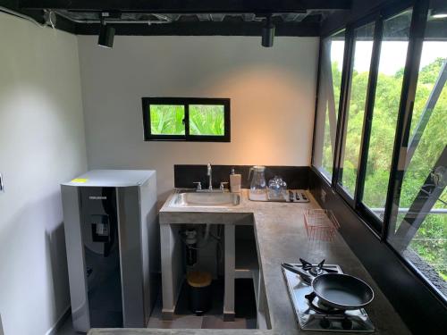 uma pequena cozinha com um lavatório e um fogão em Entre Bambus 1 em Pereira