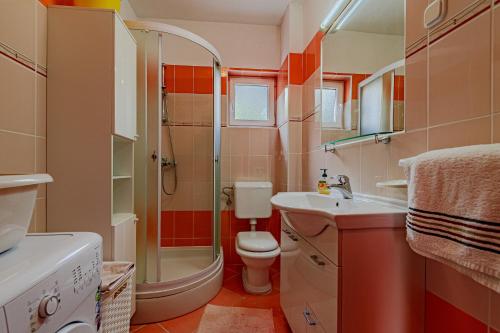 een badkamer met een wastafel en een douche bij Pelješka OREBIĆ in Orebić