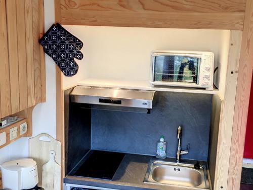 une petite cuisine avec évier et four micro-ondes dans l'établissement Duplex rénové au calm, proche des pistes avec balcon sud – Arc 1800 - FR-1-346-515, à Arc 1800