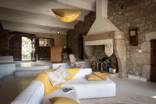 a living room with a couch and a fireplace at d'une Source in Asperjoc