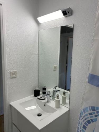 une salle de bain avec un lavabo et un grand miroir dans l'établissement Les Rameaux, superbe appartement vue mer, Wimereux, à Wimereux