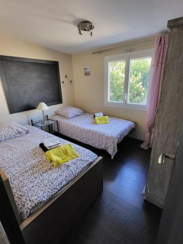 une chambre avec deux lits et une fenêtre dans l'établissement Maison climatisée avec piscine entre Alpilles et Camargue, à Arles