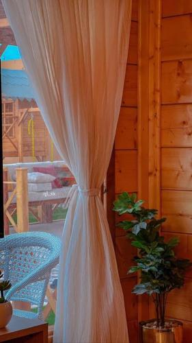 a curtain in a room with a table and a plant at شاليه الخفجي in Al Khafji