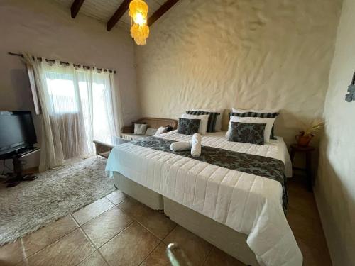 um quarto com uma cama grande e uma televisão em Suítes - Casa Jardim Chapada em Alto Paraíso de Goiás