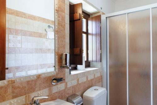 a bathroom with a toilet and a sink and a mirror at Castello di Haria in Kaloú