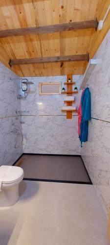 baño con aseo y techo de madera. en Parisa beach resort Tarkarli Bhogwe, en Malvan