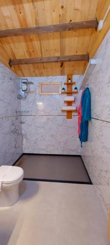 a bathroom with a toilet and a wooden ceiling at Parisa beach resort Tarkarli Bhogwe in Malvan
