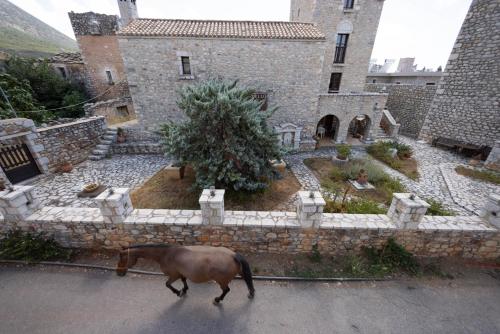 a horse walking in front of a building at Castello di Haria in Kaloú