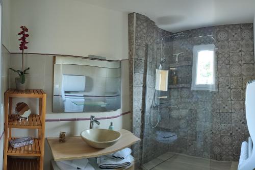 a bathroom with a sink and a shower at Villa U Tramontu in Granace