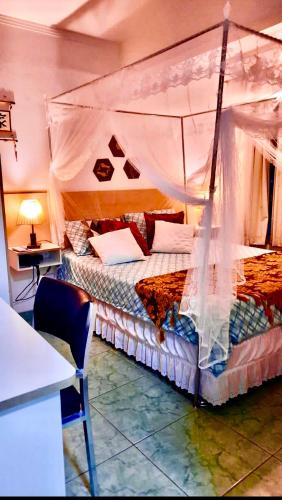 a bedroom with a bed with a canopy at Flat bela vista master in Macaé