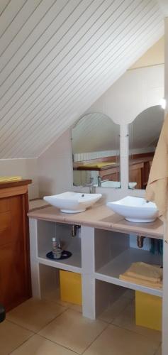 Baño con 2 lavabos y espejo en Chambre d'Hôte Villa Maritampona en Antsirabe