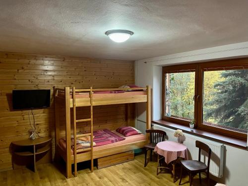 a room with a bunk bed and a table and a television at Penzion Horal in Dolní Morava