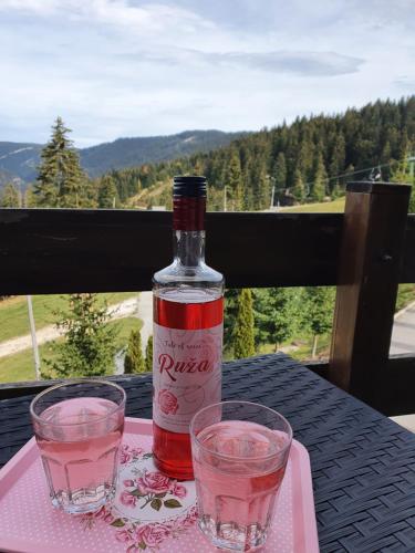 a bottle of wine sitting on a table with two glasses at Vlašićka ruža Eko FIS 303 in Vlasic