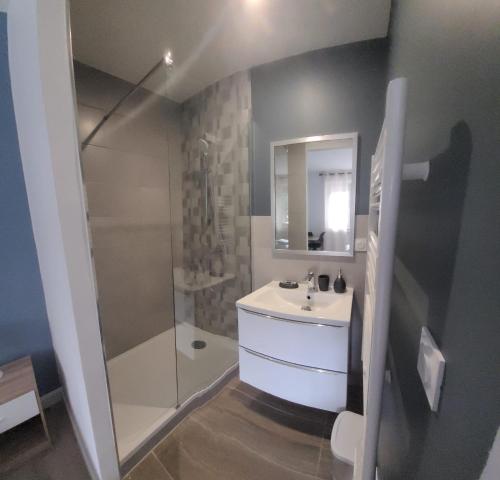 y baño con lavabo y ducha. en APPART Maasso CITE DESIGN, en Saint-Étienne
