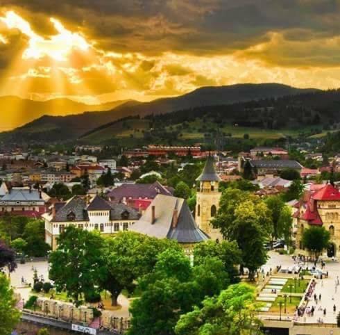 una vista de una ciudad con árboles y edificios en Central Park Studio, en Piatra Neamţ