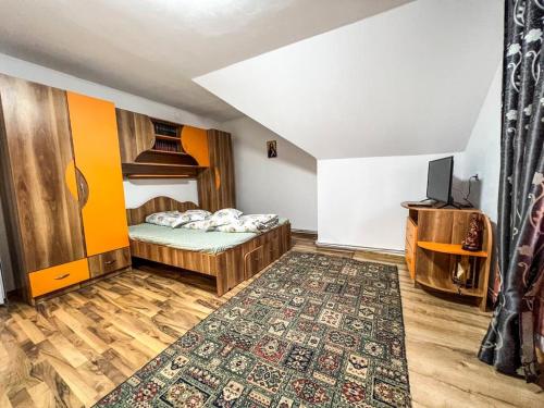 a room with a bed and a tv in it at Casa de langa rau RUCAR in Rucăr