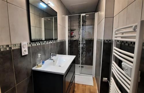une salle de bain avec un lavabo et une douche dans l'établissement Jolie maison de campagne à 2km de la mer, à Plomodiern