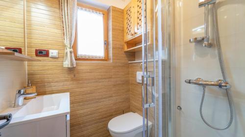 a bathroom with a shower and a toilet and a sink at Chalet House Olga in Crni Lug