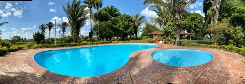 una gran piscina azul en un patio de ladrillo en Cómoda Cabaña en Buena Vista -Santa Cruz, en Buena Vista