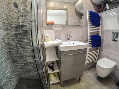 a bathroom with a shower and a sink and a toilet at studio terremer in Patrimonio
