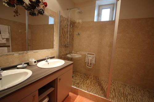 ein Bad mit einem Waschbecken und einer Dusche in der Unterkunft Chambre d'Hôtes de L'Abricotier in Saint-Macaire