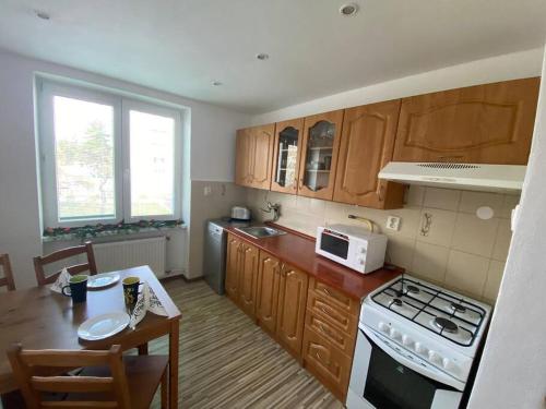 a kitchen with wooden cabinets and a table and a microwave at Apartmán blízko centra v Martine in Martin