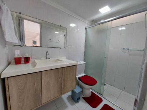 ein Bad mit einem WC, einem Waschbecken und einer Dusche in der Unterkunft Ao Lado do Aeroporto Com Vaga Coberta e Wifi 300 mb POWER in Guarulhos
