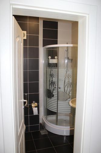 a bathroom with a shower and a tub and a sink at Downtown Apartment in Novi Sad