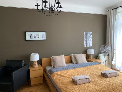 布拉格的住宿－Anenska by Charles Bridge 2，一间卧室配有一张床和一张黑椅
