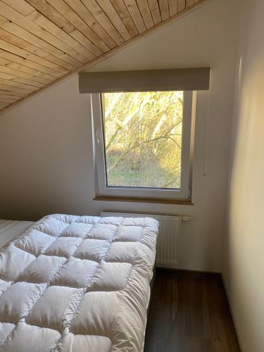 Bett in einem Zimmer mit Fenster in der Unterkunft Le chalet du kanal in Winseler