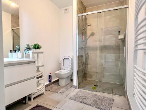 Phòng tắm tại Superbe appartement neuf entre mer et pins Wifi