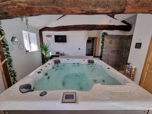 un jacuzzi au milieu d'une pièce dans l'établissement LE GITE SPA DU CEDRE BLEU, à La Tourette-Cabardès