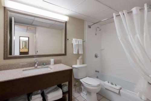 a bathroom with a sink and a toilet and a mirror at Best Western Holiday Lodge in Clear Lake