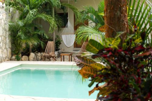 a swimming pool in a yard with palm trees at Aldea San Lam - Oasis Of Tulum in Tulum