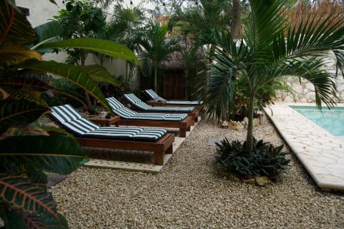 a row of lounge chairs next to a swimming pool at Aldea San Lam - Oasis Of Tulum in Tulum