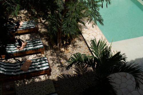 an overhead view of a beach with palm trees and a pool at Aldea San Lam - Oasis Of Tulum in Tulum