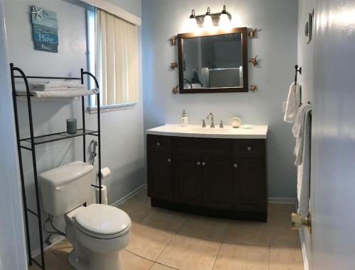 a bathroom with a toilet and a sink and a mirror at Blue Whale Inn San Clemente Charmer Unit A in San Clemente