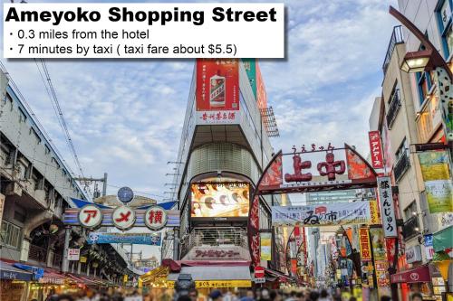 a busy city street with many signs and buildings at hotel MONday Premium Ueno Okachimachi in Tokyo