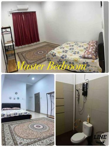 a collage of three pictures of a bedroom at Azzahra Homestay Pekan with 3 Bedrooms fully airconditioner in Pekan
