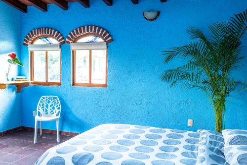 Dormitorio azul con cama y pared azul en Colibrí Turquesa, en Tepoztlán