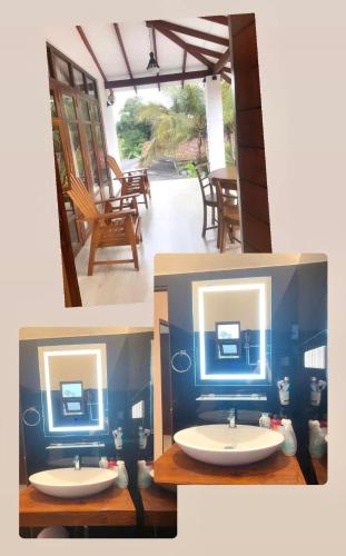 two pictures of a bathroom with a sink and a patio at White Villa Airport Transit Hotel in Katunayake