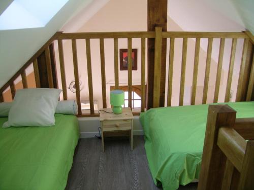 um quarto com 2 camas verdes num sótão em Gîte Dompierre-sur-Besbre, 3 pièces, 4 personnes - FR-1-489-174 em Dompierre-sur-Besbre