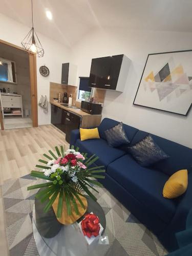 - un salon avec un canapé bleu et une table fleurie dans l'établissement Studio agréable, à Manosque