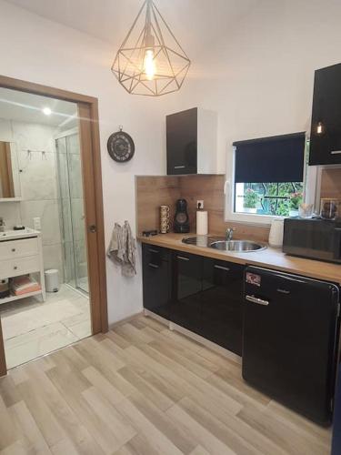 une cuisine avec un évier et un plan de travail dans l'établissement Studio agréable, à Manosque