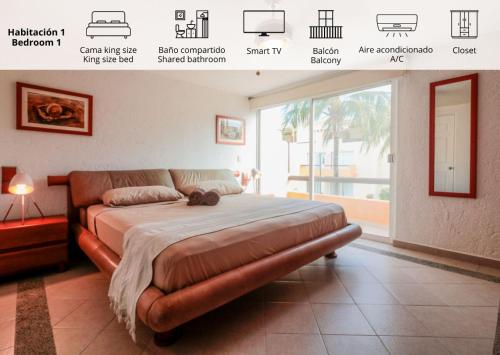 a bedroom with a bed and a large window at Relaxing Village, Acapulco Diamante, Rooftop in Acapulco
