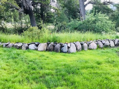 a row of rocks in a field of grass at Kingfisher de los Andes in Villa Meliquina