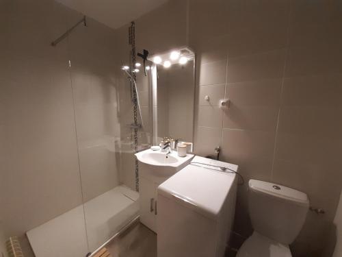 une salle de bain avec toilettes, lavabo et douche dans l'établissement Studio rénové 2 pers. au centre avec balcon, WiFi et parking - FR-1-512-259, à Brides-les-Bains
