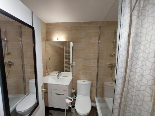 a bathroom with a toilet and a sink and a shower at Studio Les Deux Alpes, 1 pièce, 4 personnes - FR-1-516-187 in Les Deux Alpes